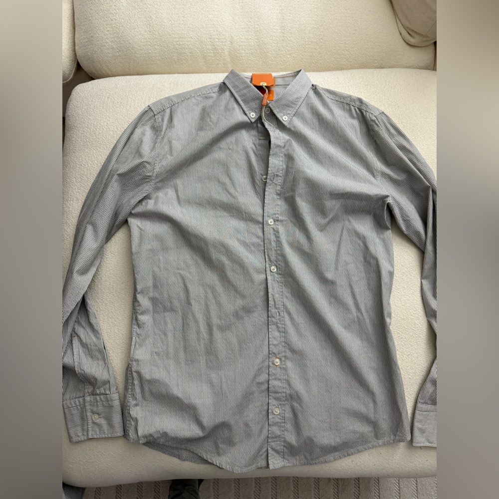 Boss Men's Gray Pinstripe Button Down Shirt